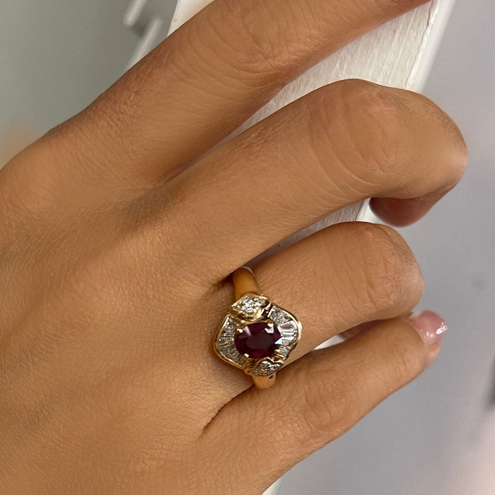 Vintage 14K Yellow Gold Ruby and Diamond Fan Halo Ring