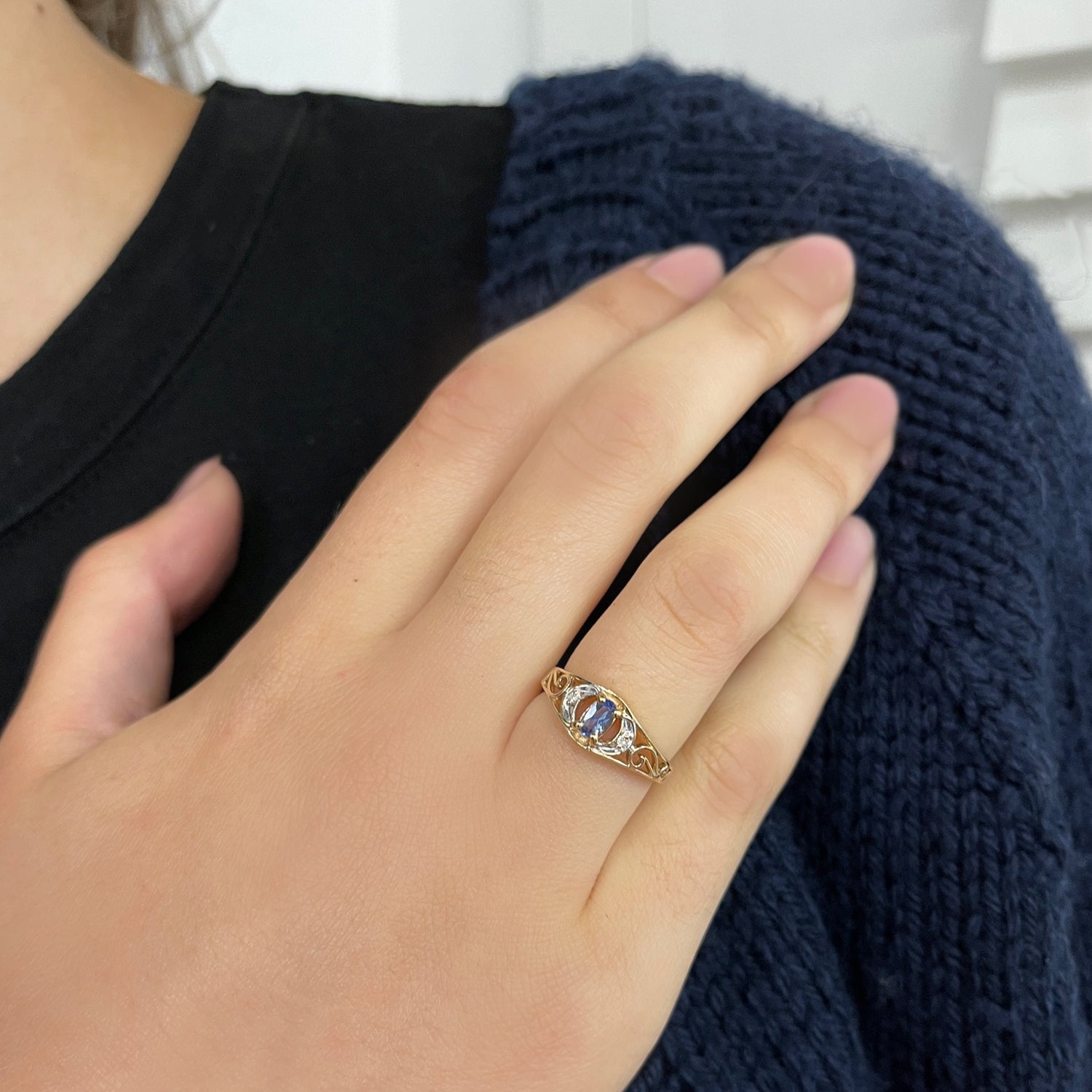 Estate 10K Yellow Gold Tanzanite and Diamond Half Moon Filigree Ring