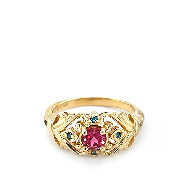 Estate 14K Yellow Gold Pink Tourmaline and Teal Diamond Filigree Ring