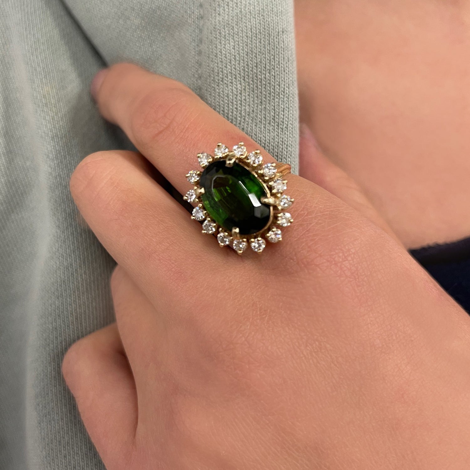 Estate 14K Yellow Gold Green Tourmaline and Diamond Halo Statement Ring