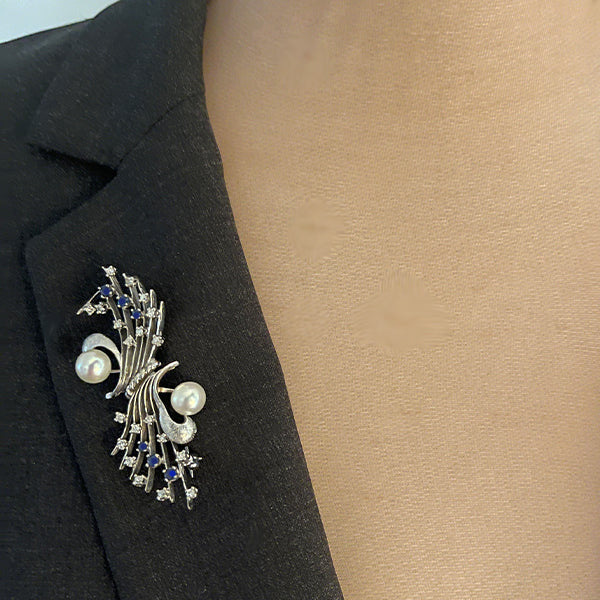 Vintage 14K White Gold Diamond, Sapphire and Pearl Brooch