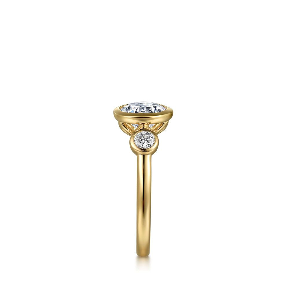 Gabriel & Co. Yellow Gold Round Three Stone Bezel Set Diamond Engagement Ring