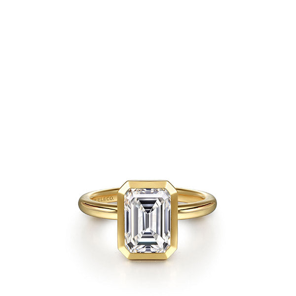 Gabriel & Co. Yellow Gold Bezel Set Emerald-Cut Solitaire Engagement Ring