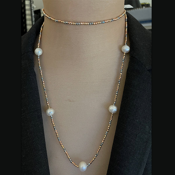 Rose and Black Hematite 36" Freshwater Pearl Necklace
