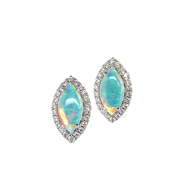 14K White Gold Marquise Opal and Diamond Stud Earrings