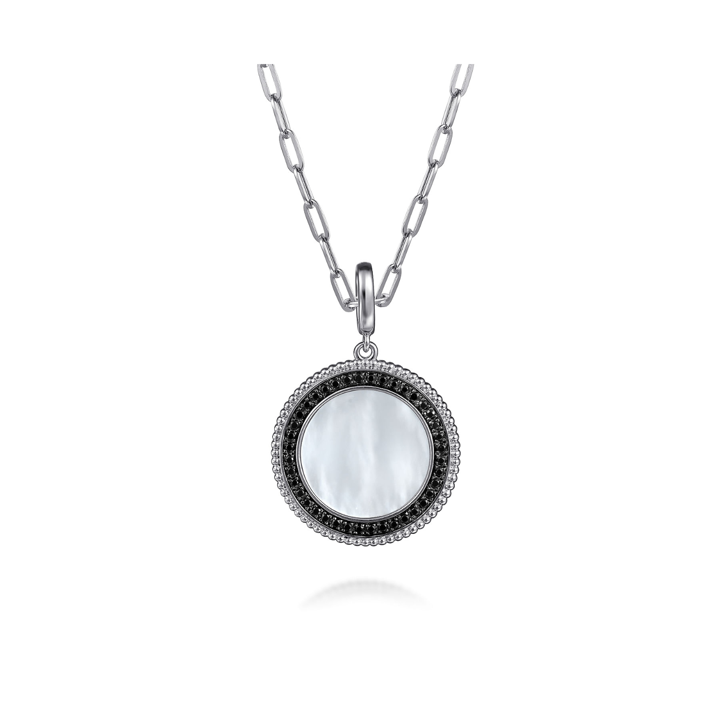 Gabriel & Co. Sterling Silver White Mother Pearl and Black Spinel Bujukan Medallion Pendant in size 24mm