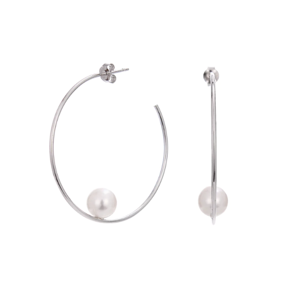 Sterling Silver Floating Pearl Large Hoop Earrings