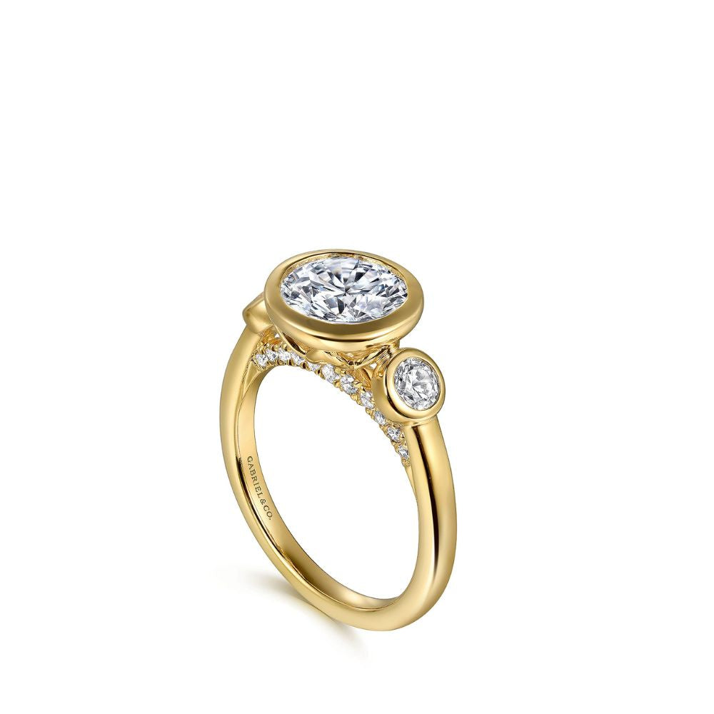 Gabriel & Co. Yellow Gold Round Three Stone Bezel Set Diamond Engagement Ring