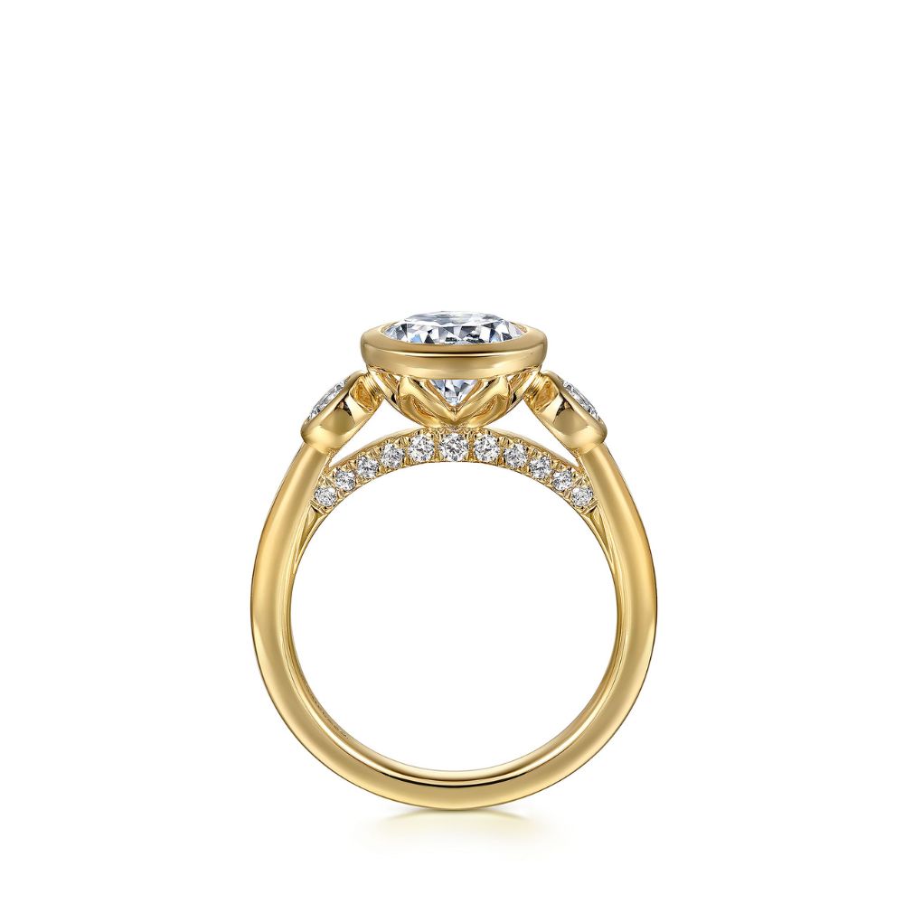 Gabriel & Co. Yellow Gold Round Three Stone Bezel Set Diamond Engagement Ring