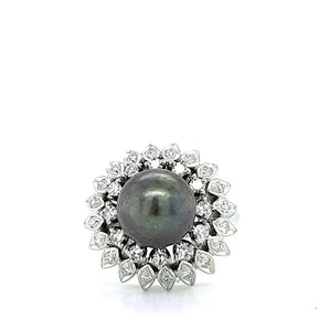 Vintage 14K White Gold Tahitian Pearl and Diamond Tiered Floral Halo Ring
