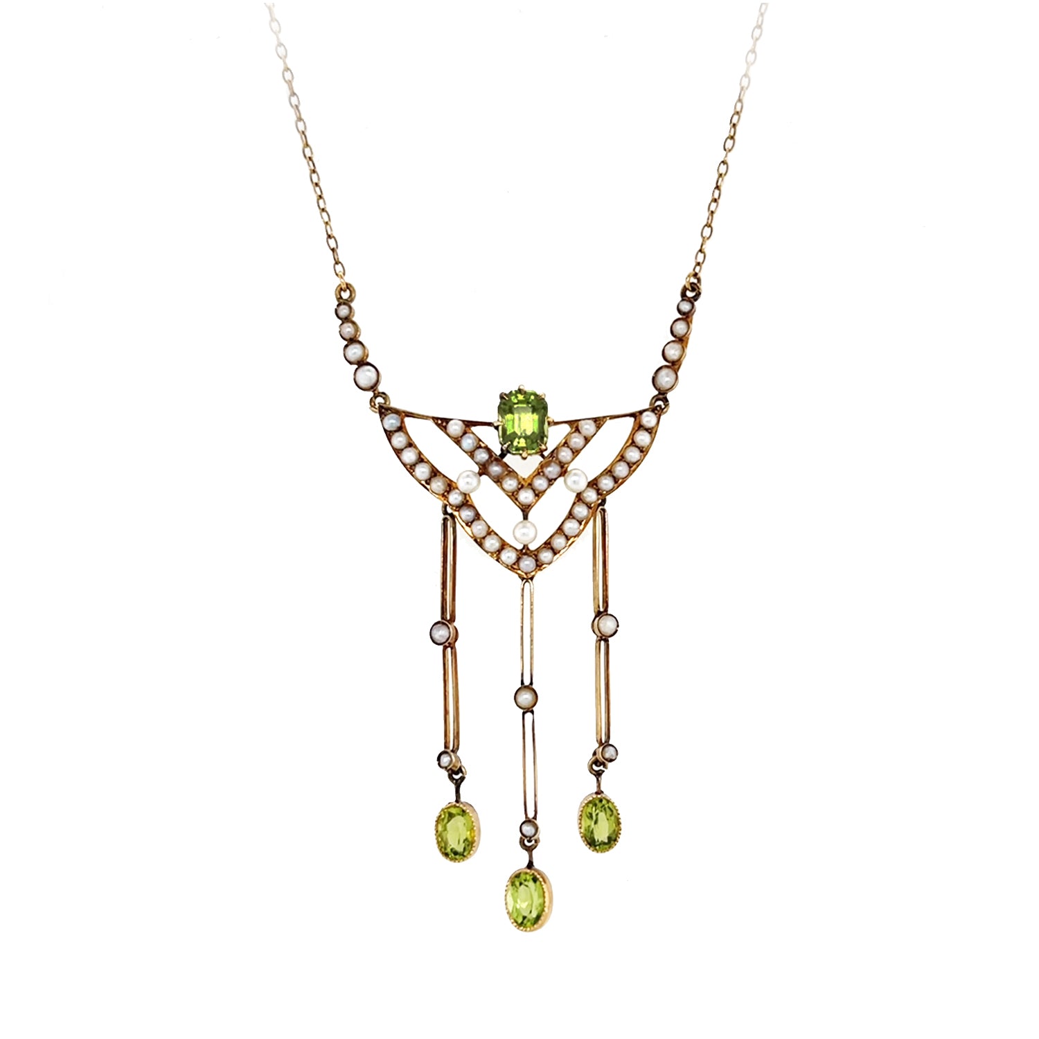 Antique 14K Yellow Gold Art Deco Peridot and Seed Pearl Lavalier Necklace