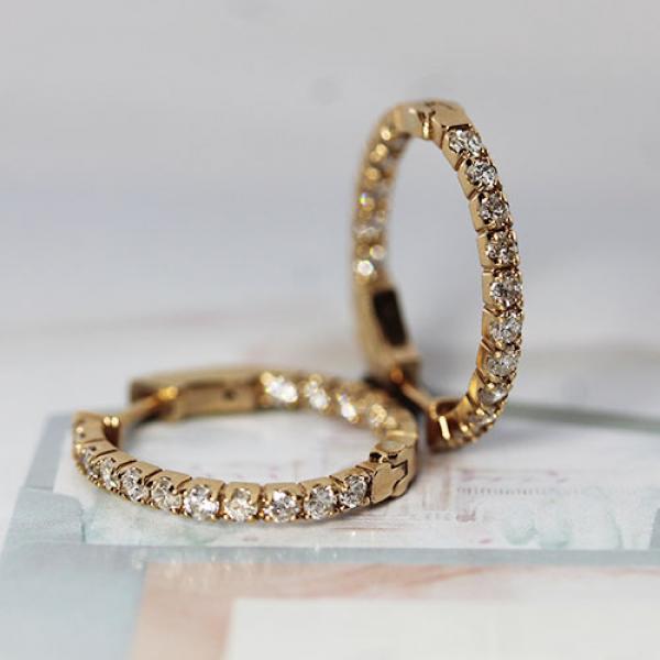 14k rose gold, hoop earrings, diamonds, 1.00 total carat weight