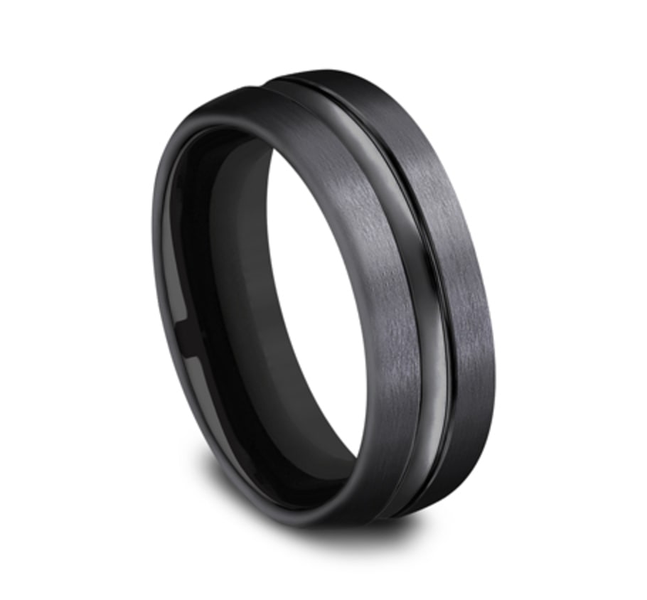 7.5mm satin finish black titanium ring with carved line centre