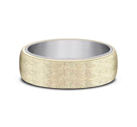 6.5mm 14 karat yellow gold and grey tantalum ring with swirl finish
