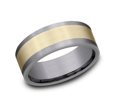 8mm grey tantalum and 14 karat yellow gold inlay ring with satin finish