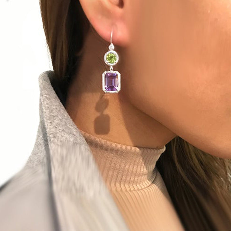 18K White Gold Drop Earrings with Amethyst, Peridot and Diamonds