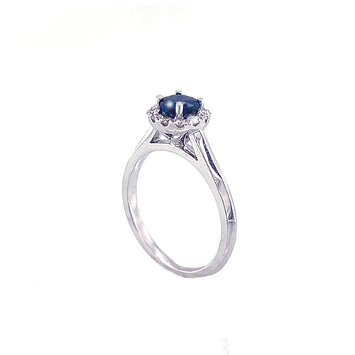 18K White Gold Round Sapphire With Diamond Halo Engagement Ring