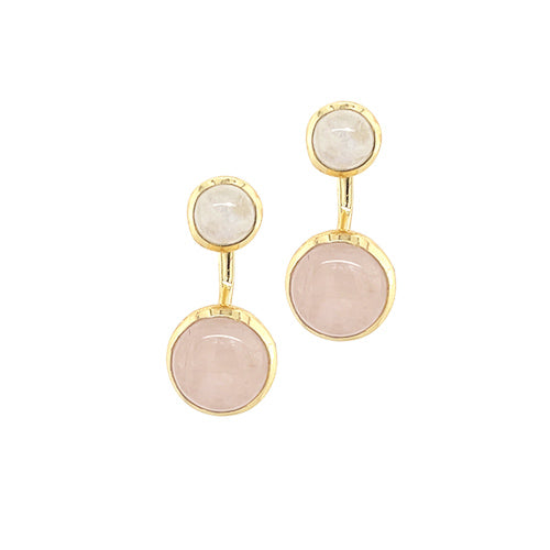 Petit Bijoux 18k Yellow Gold Plate Sterling Silver Rainbow Moonstone and Rose Quartz Studs with Earring Jackets
