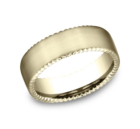 7.5mm yellow gold rivet coin edge ring with satin finish