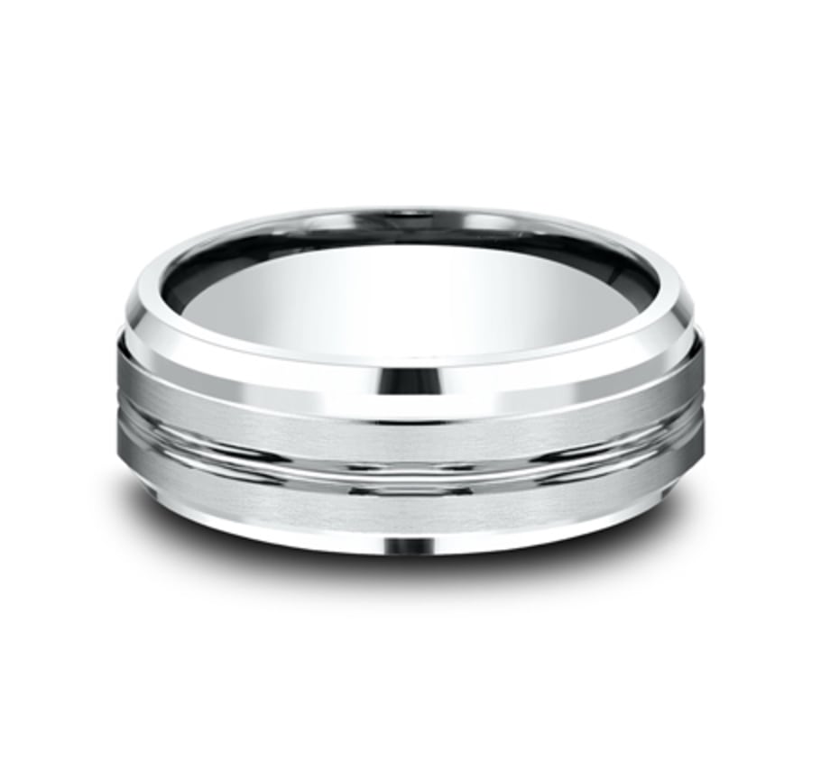 8mm high polish platinum ring with parallel line inlay