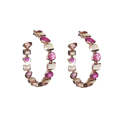 Petit Bijoux 18k Rose Gold Plate Sterling Silver Pink Hydro Tourmaline, Pink Jade & Rose Quartz Gemstone Hoop Earrings