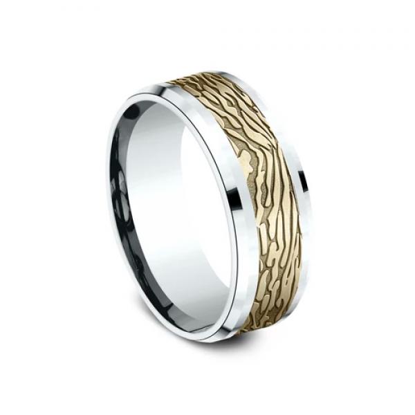 8mm 14 karat white and yellow gold ring with sculptural bark inlay