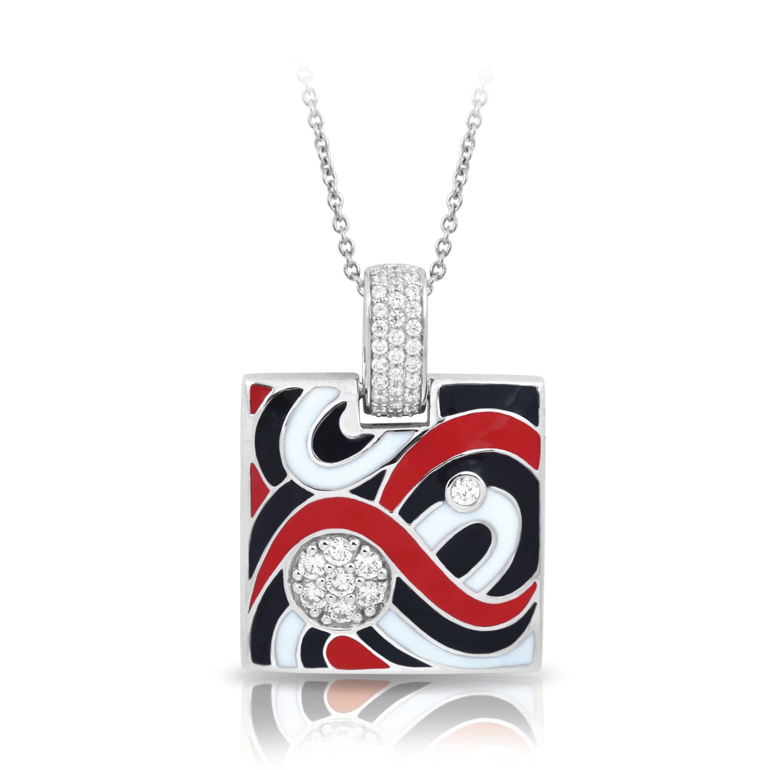 Red, black and white enamel with white zirconia swirl design pendant in sterling silver by Belle Etoile