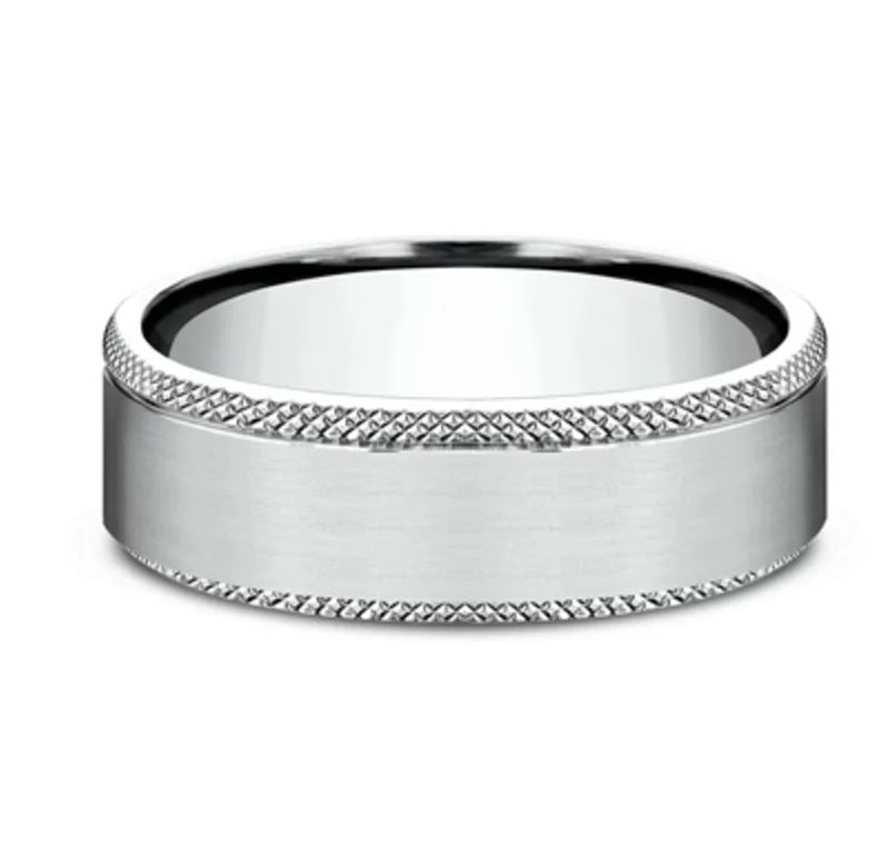 6.5mm 14 karat white gold sating finish ring with hatched edge
