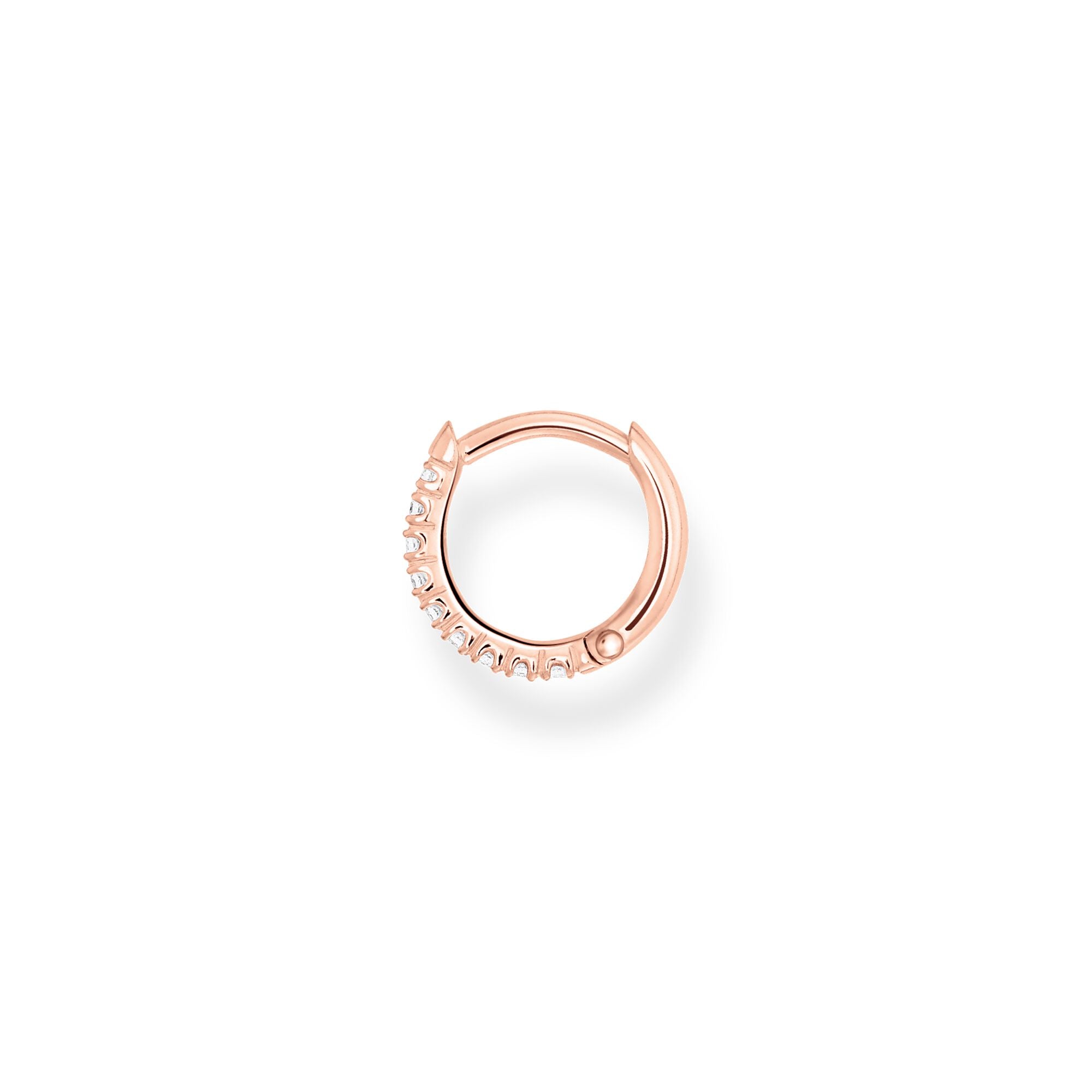 18 karat rose gold plated sterling silver and clear cubic zirconia clicker hoop earring by Thomas Sabo