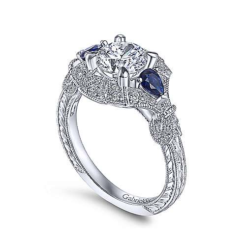Gabriel & Co. 14k White Gold Round Three Stone Diamond & Sapphire Halo Vintage Style Engagement Ring