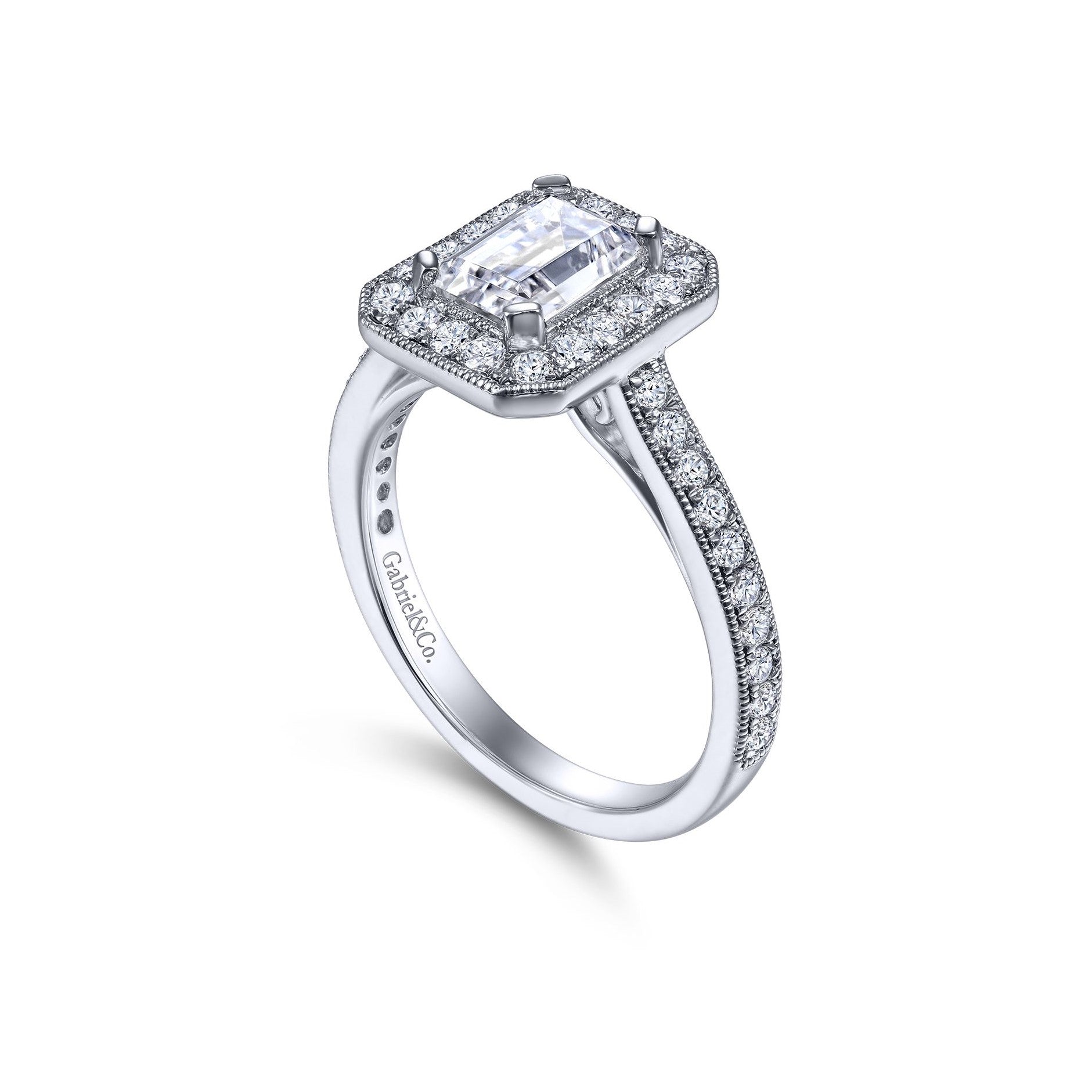 Gabriel & Co. 14k White Gold Emerald Cut Halo Diamond & Milgrain Engagement Ring