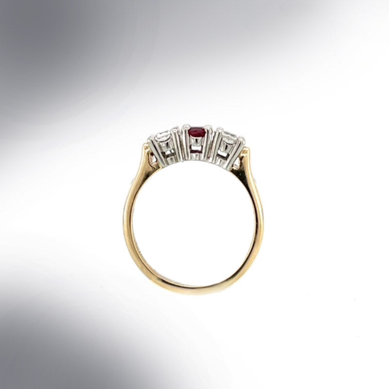 Estate 14K Two-Tone Gold Ruby and Diamond Three Stone Ring