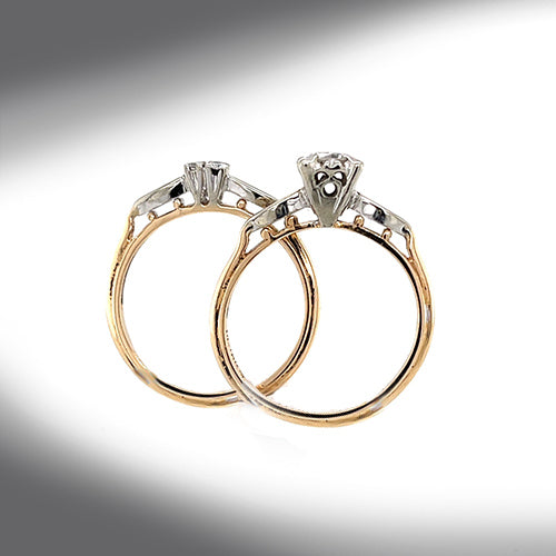 Estate 14K Two Tone Diamond Engagement Ring Set