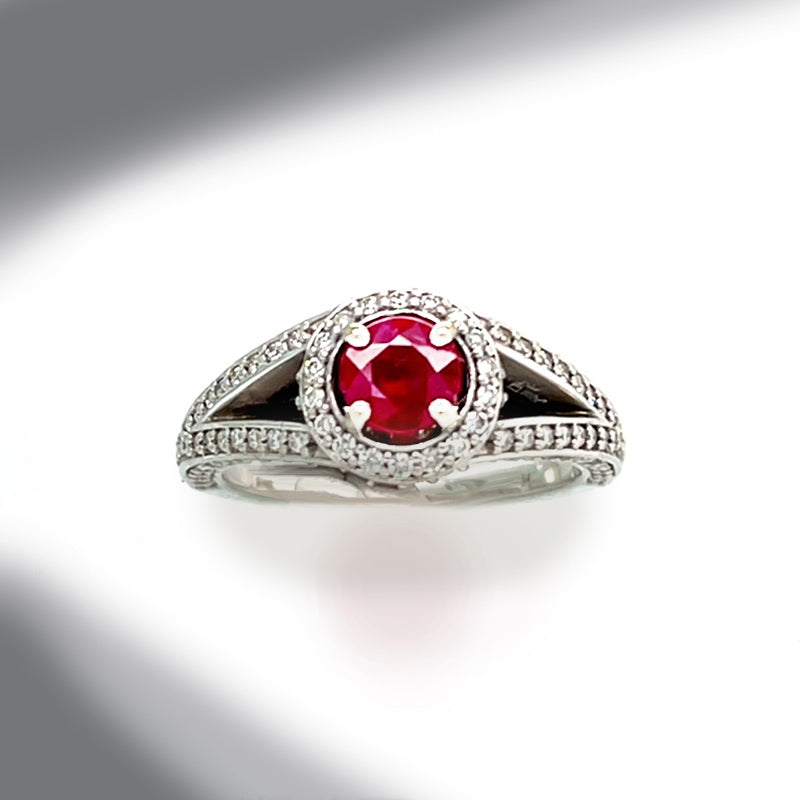 Estate 14K White Gold Ruby and Diamond Engagement Ring