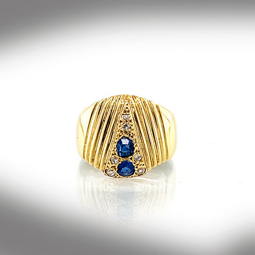 Estate 18k Yellow Gold Pinky Ring with Sapphires and Diamonds