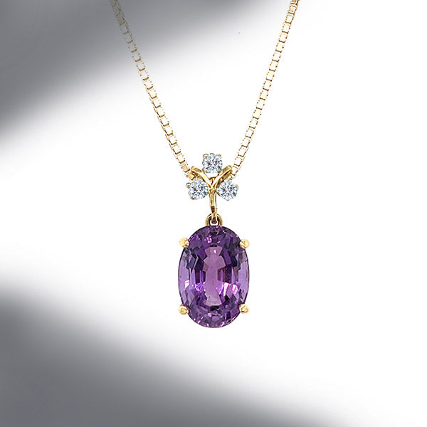 Estate 18k Yellow Gold Amethyst and Diamond Pendant with 18" Cable Chain