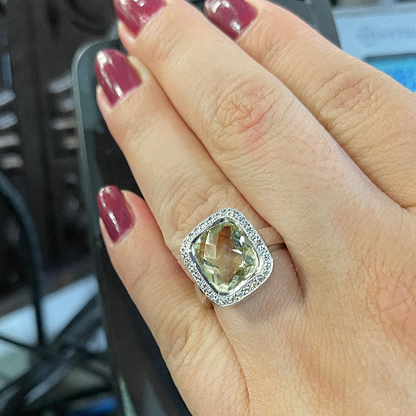 Estate 18K White Gold Custom Made Prasiolite And Diamond Ring