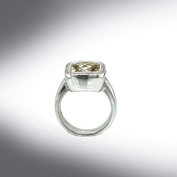 Estate 18K White Gold Custom Made Prasiolite And Diamond Ring