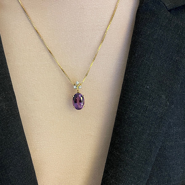 Estate 18k Yellow Gold Amethyst and Diamond Pendant with 18" Cable Chain