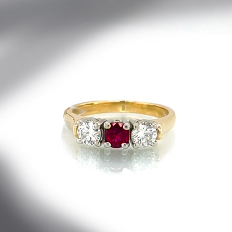 Estate 14K Two-Tone Gold Ruby and Diamond Three Stone Ring