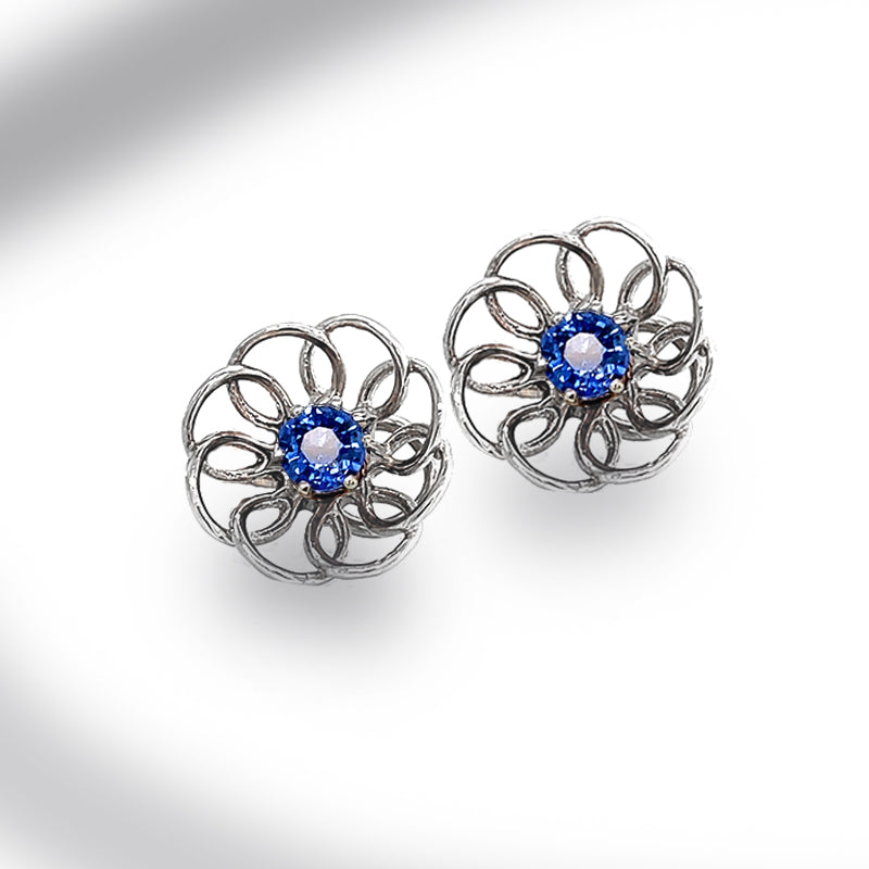 Estate 10K White Gold Blue Sapphire Flower Earrings