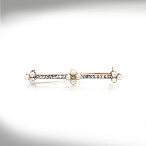 Vintage 14K Yellow Gold Pearl and Diamond Bar Brooch