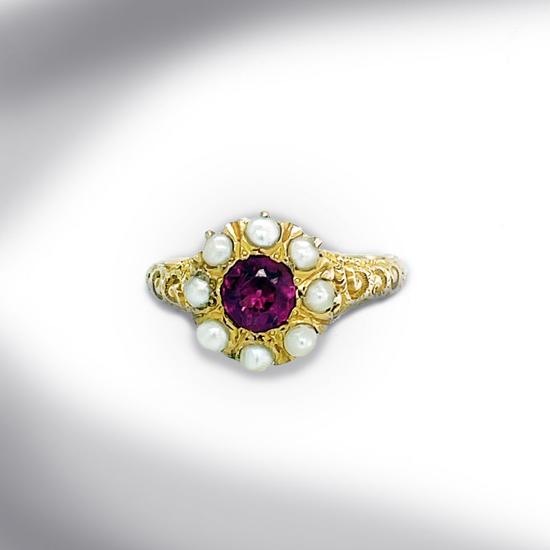 Estate 10K Yellow Gold Rhodolite Garnet and Seed Pearl Ring