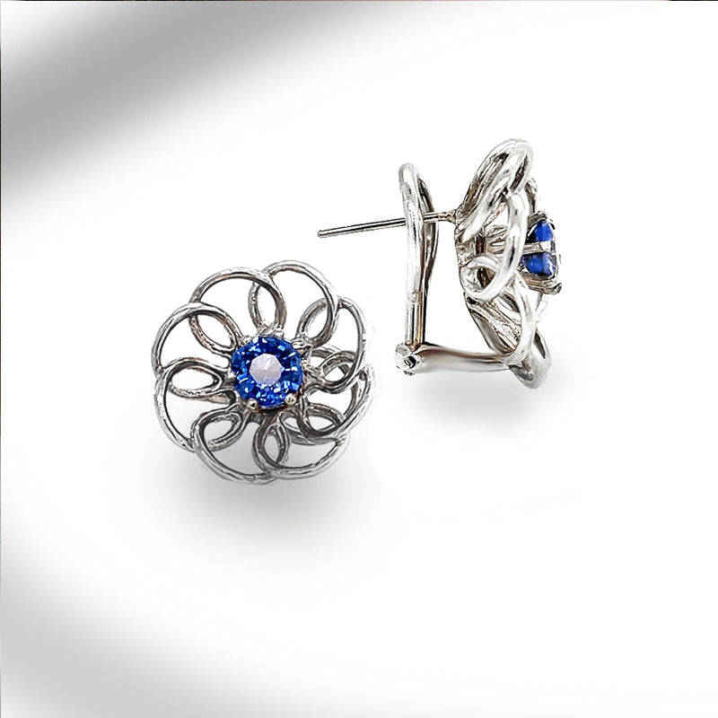 Estate 10K White Gold Blue Sapphire Flower Earrings