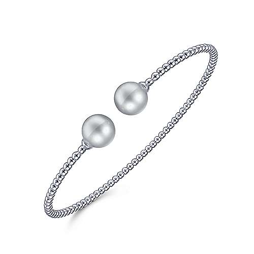 14 karat white gold bujukan bead cuff bracelet with grey pearl ends by Gabriel & Co