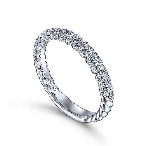 14 karat white gold, diamond pave, twisted stackable ring from gabriel and co. 