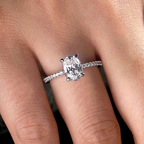 14K White Gold Hidden Halo Oval Diamond Engagement Ring by gabriel & co. Centre stone not included.