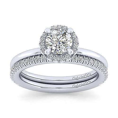 14K White Gold Round Halo Diamond Engagement Ring by Gabriel & Co. Centre stone not included.