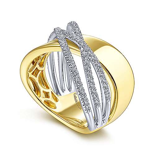14 karat yellow and white gold chunky criss cross ring with diamond accents by Gabriel & Co