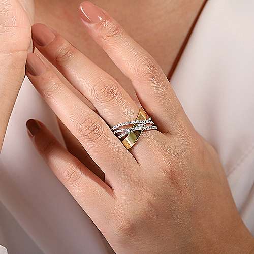 14 karat yellow and white gold chunky criss cross ring with diamond accents by Gabriel & Co